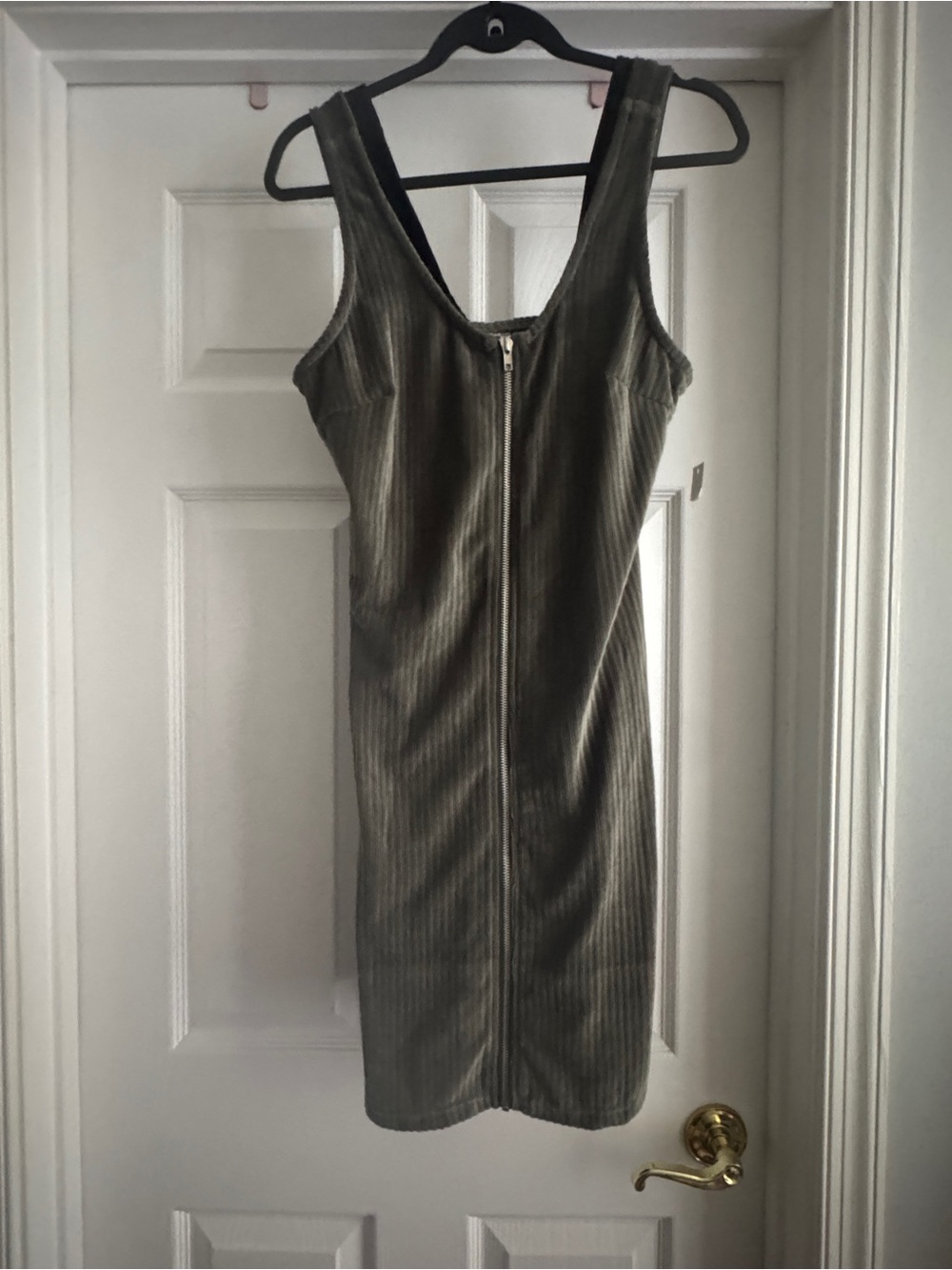 Sleeveless Olive Ribbed Zip-Front Dress